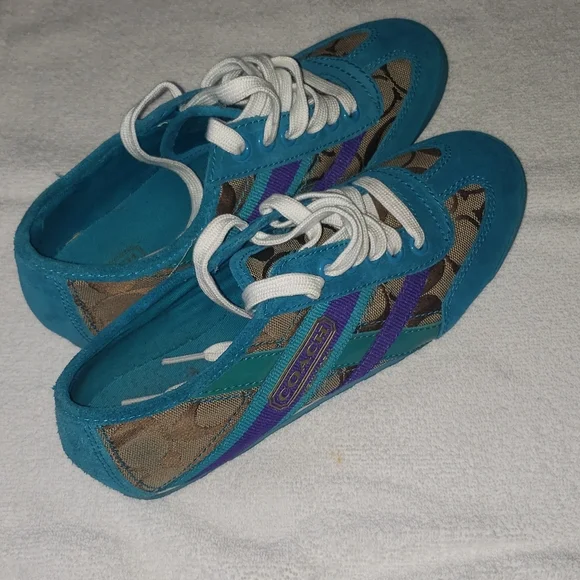 Coach Yolanda Lace Up Sneaker Shoes Teal Brown Purple Size 7M - Picture 6 of 6